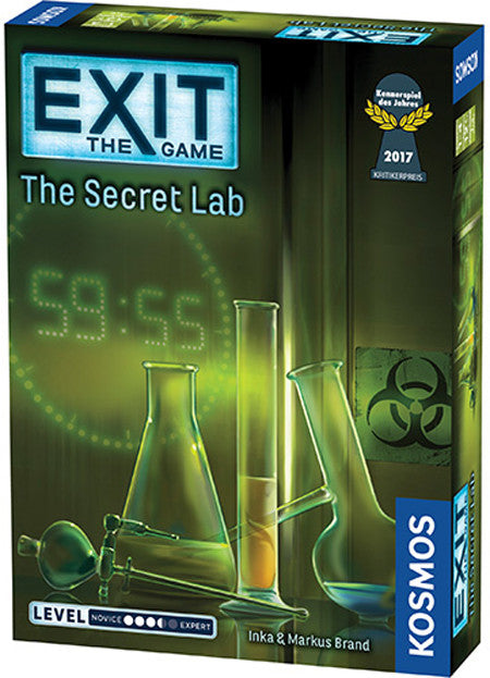 Board game box for 'Exit: The Secret Lab' by Kosmos with green and black design.