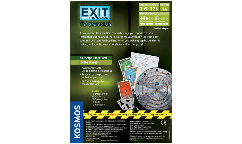 Kosmos Exit The Secret Lab game packaging with text and graphics on a white background