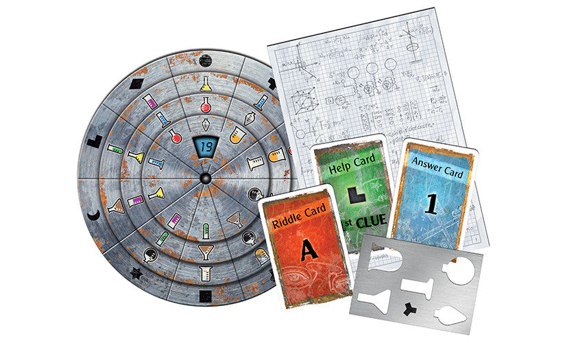 Game components including a large circular board and several cards on a white background
