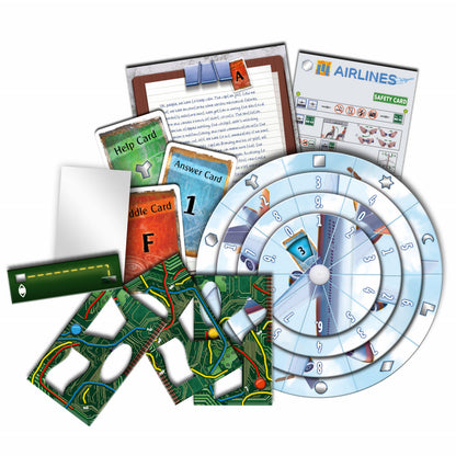 Collection of board game components including cards and a spinner on a white background