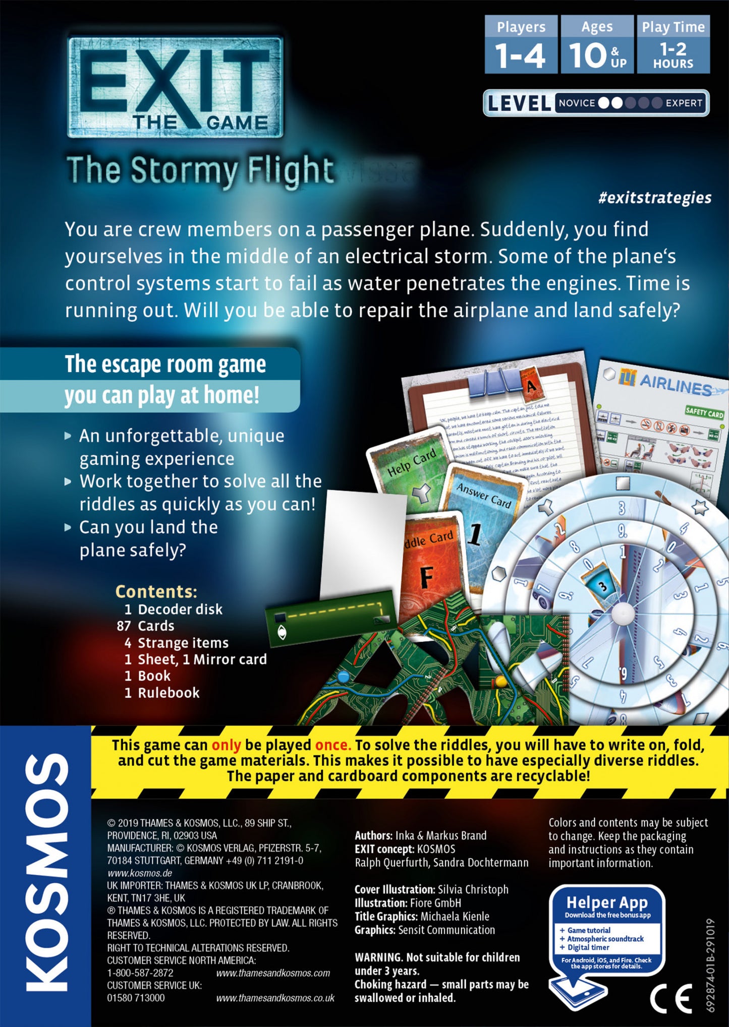 Kosmos EXIT: The Stormy Flight game packaging with text and images of game components.
