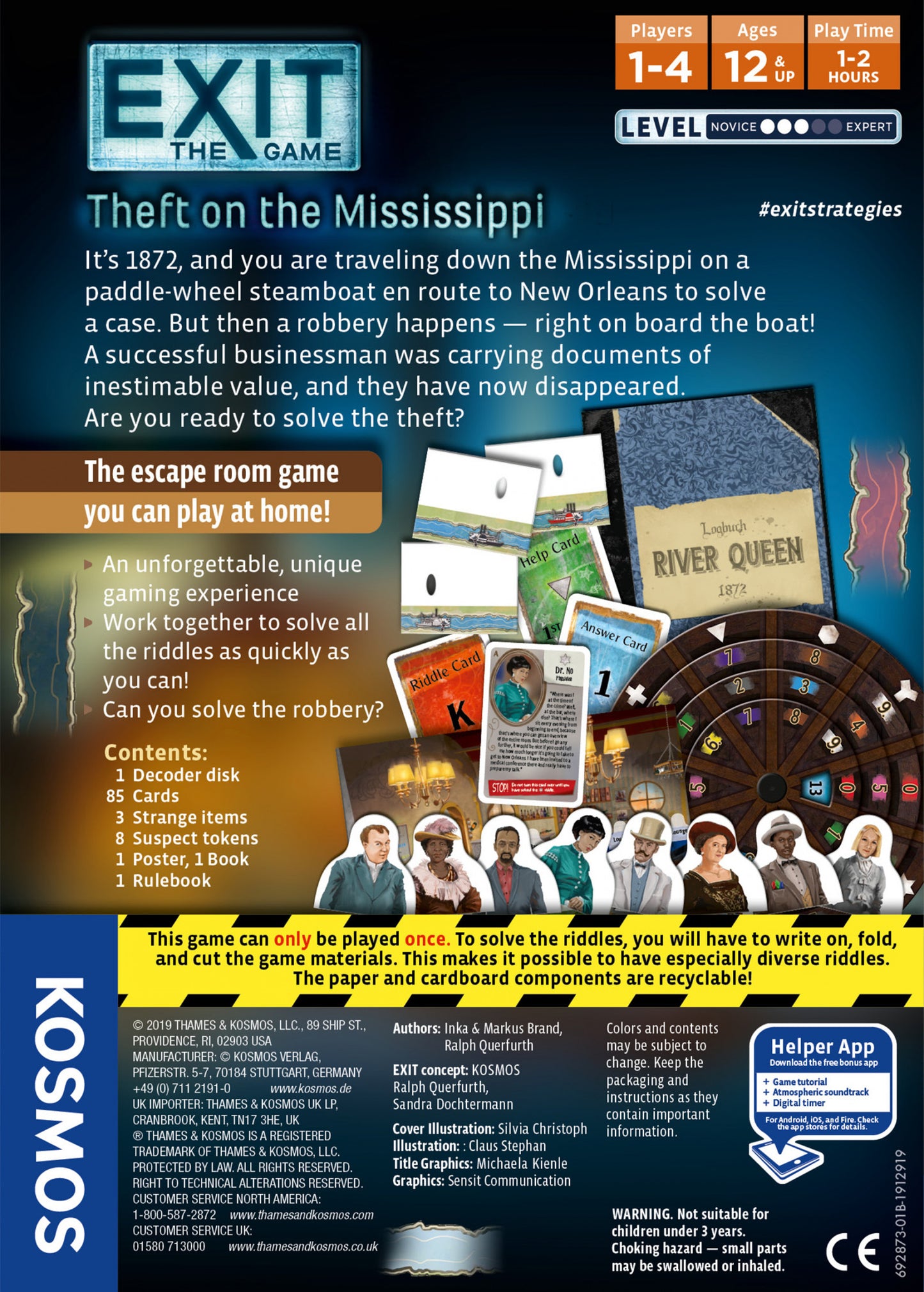 Kosmos Exit the Game: Theft on the Mississippi board game packaging with text and images.