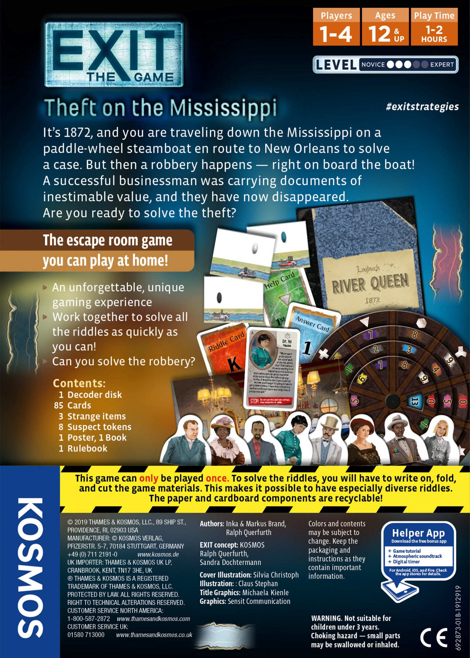 Kosmos Exit the Game: Theft on the Mississippi board game packaging with text and images.