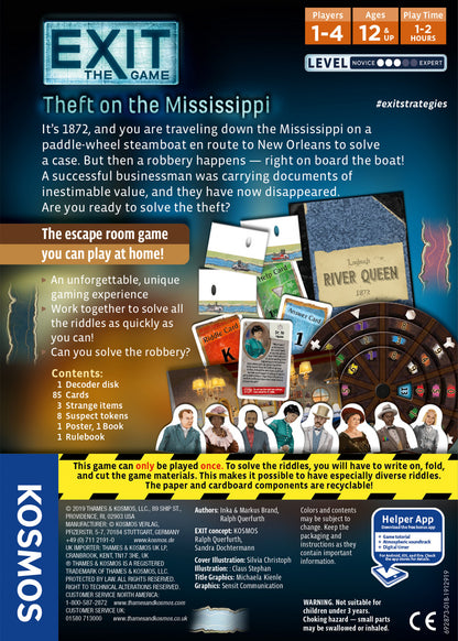 Kosmos Exit the Game: Theft on the Mississippi board game packaging with text and images.