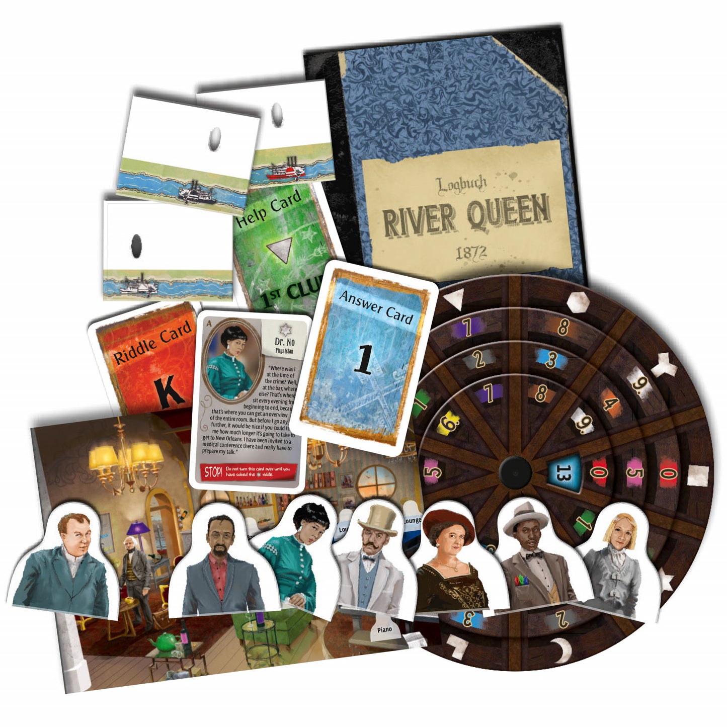 Game components including cards and a spinner labeled 'River Queen' on a white background.