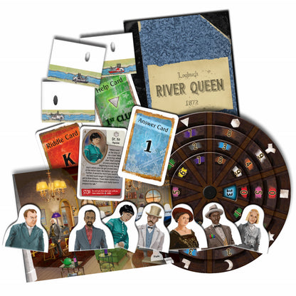 Game components including cards and a spinner labeled 'River Queen' on a white background.