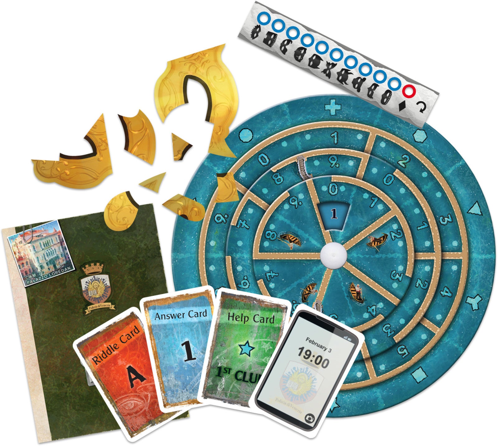 Board game components including a large blue wheel, cards, and pieces on a white background