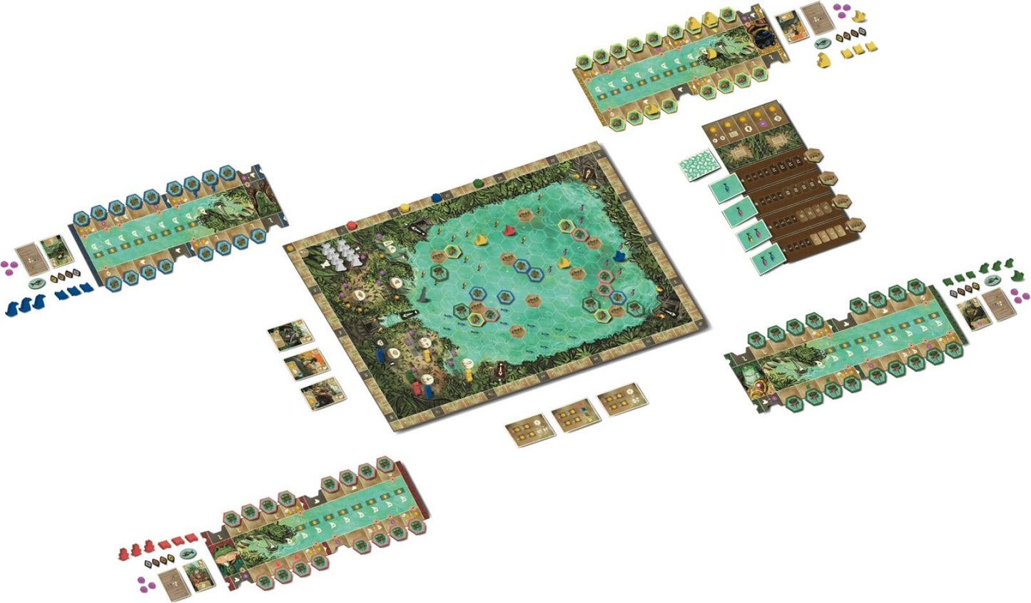 Feyas Swamp Board game setup with various pieces and components on a white background