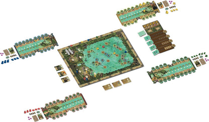 Feyas Swamp Board game setup with various pieces and components on a white background