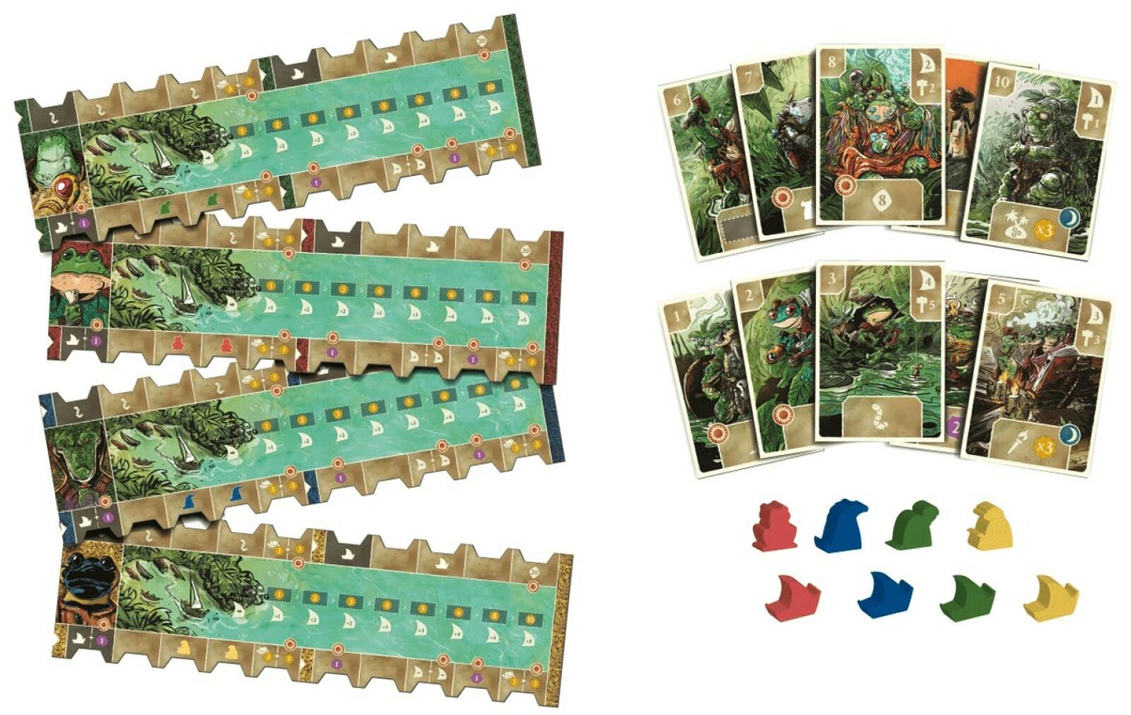 Feyas Swamp Board game components including cards and player tokens on a white background