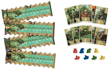 Feyas Swamp Board game components including cards and player tokens on a white background
