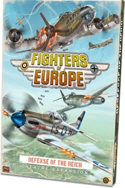 Board game box for 'Fighters of Europe' with vintage airplanes on a blue background
