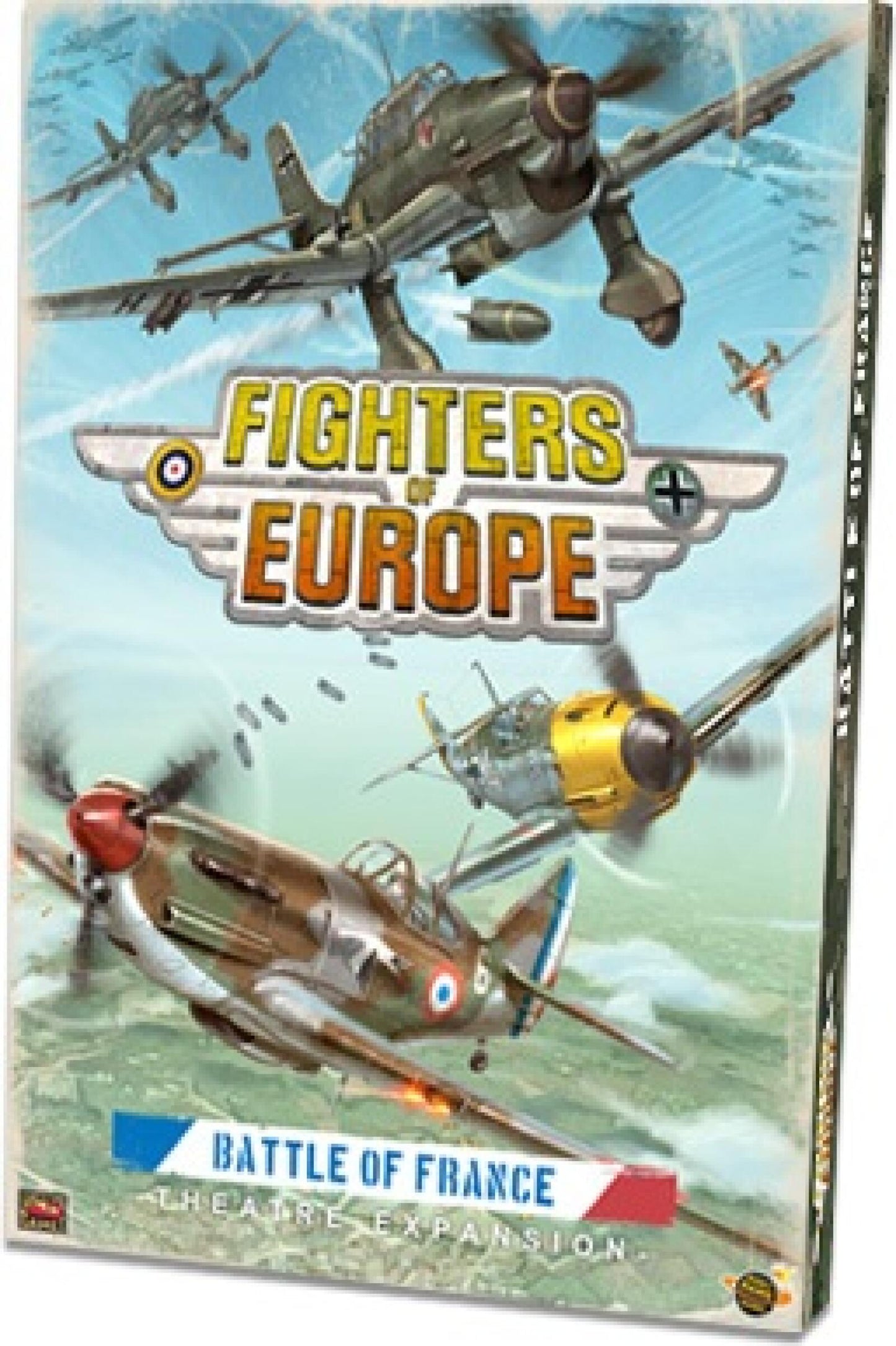 Board game box for 'Fighters of Europe: Battle of France' with vintage airplanes on a blue background.