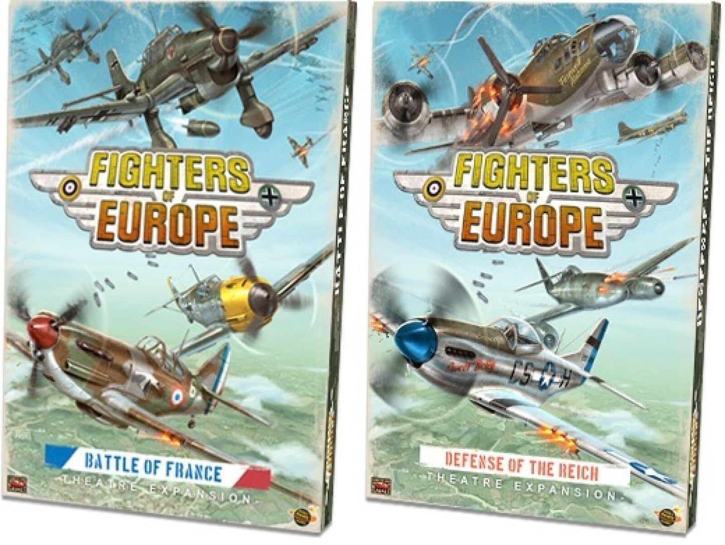 Two 'Fighters of Europe' board game expansions with aircraft illustrations on colorful backgrounds.