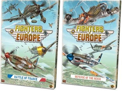 Two 'Fighters of Europe' board game expansions with aircraft illustrations on colorful backgrounds.