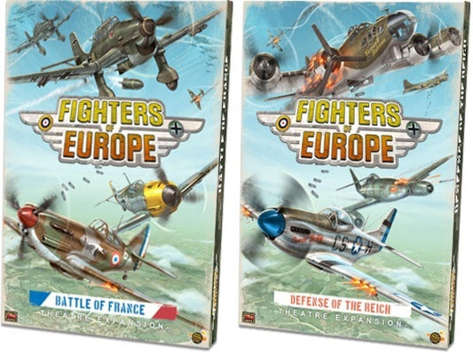 Two 'Fighters of Europe' board game expansions with aircraft illustrations on colorful backgrounds.