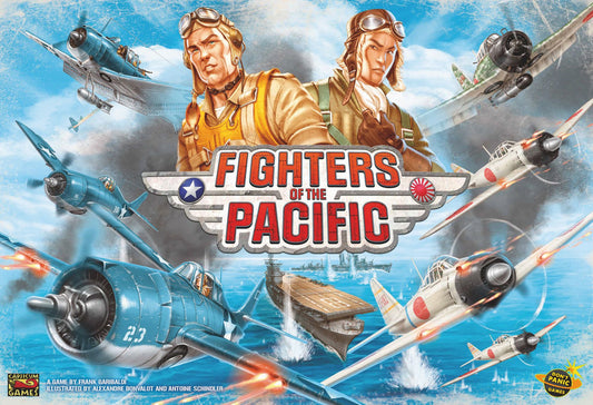 Board game cover titled 'Fighters of the Pacific' with aircraft and aviators on a blue sky background.