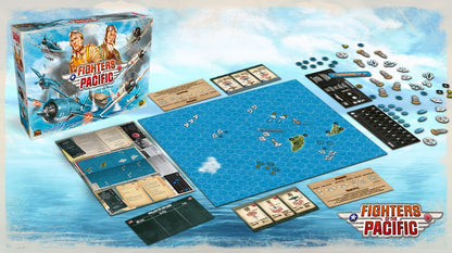 Board game set with 'Fighters of Pacific' branding on a blue water-themed board.