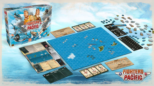 Board game set with 'Fighters of Pacific' branding on a blue water-themed board.