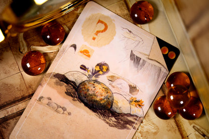 Artistic depiction of a question mark and nature elements on a textured surface with amber-colored stones.