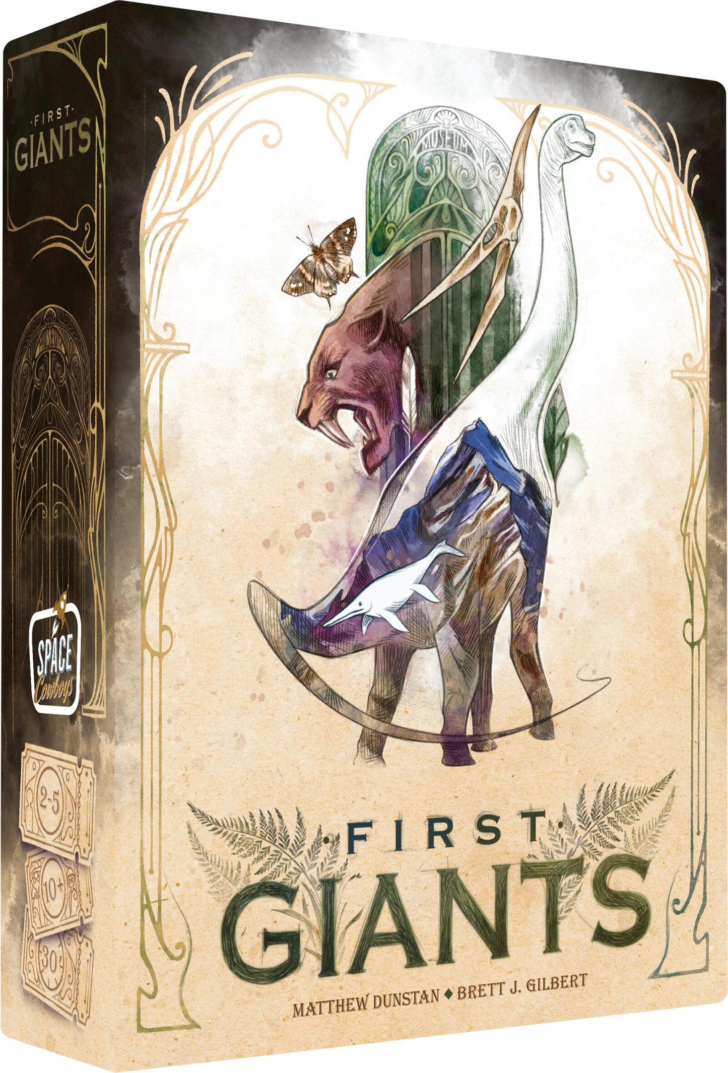 Box for 'First Giants' with fantasy creature illustration on a beige background