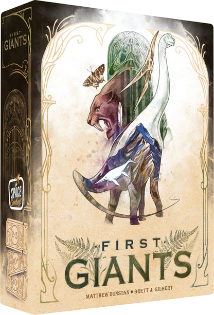 Box for 'First Giants' with fantasy creature illustration on a beige background