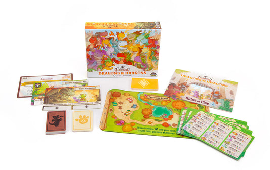Flamecraft dragons and dragons expansion board game set with colorful cards and a box on a white background
