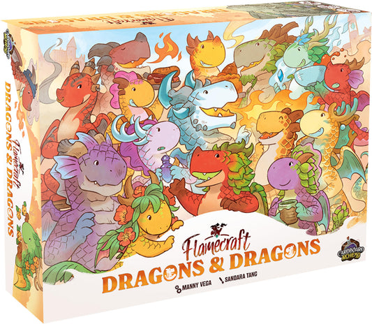 Box of 'Flamecraft Dragons & Dragons' with colorful dragon illustrations on a white background