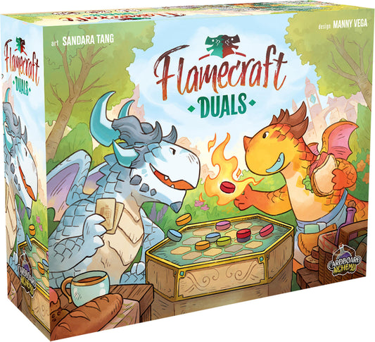 Board game box for 'Flamecraft Duals' featuring two dragons around a table with game pieces.
