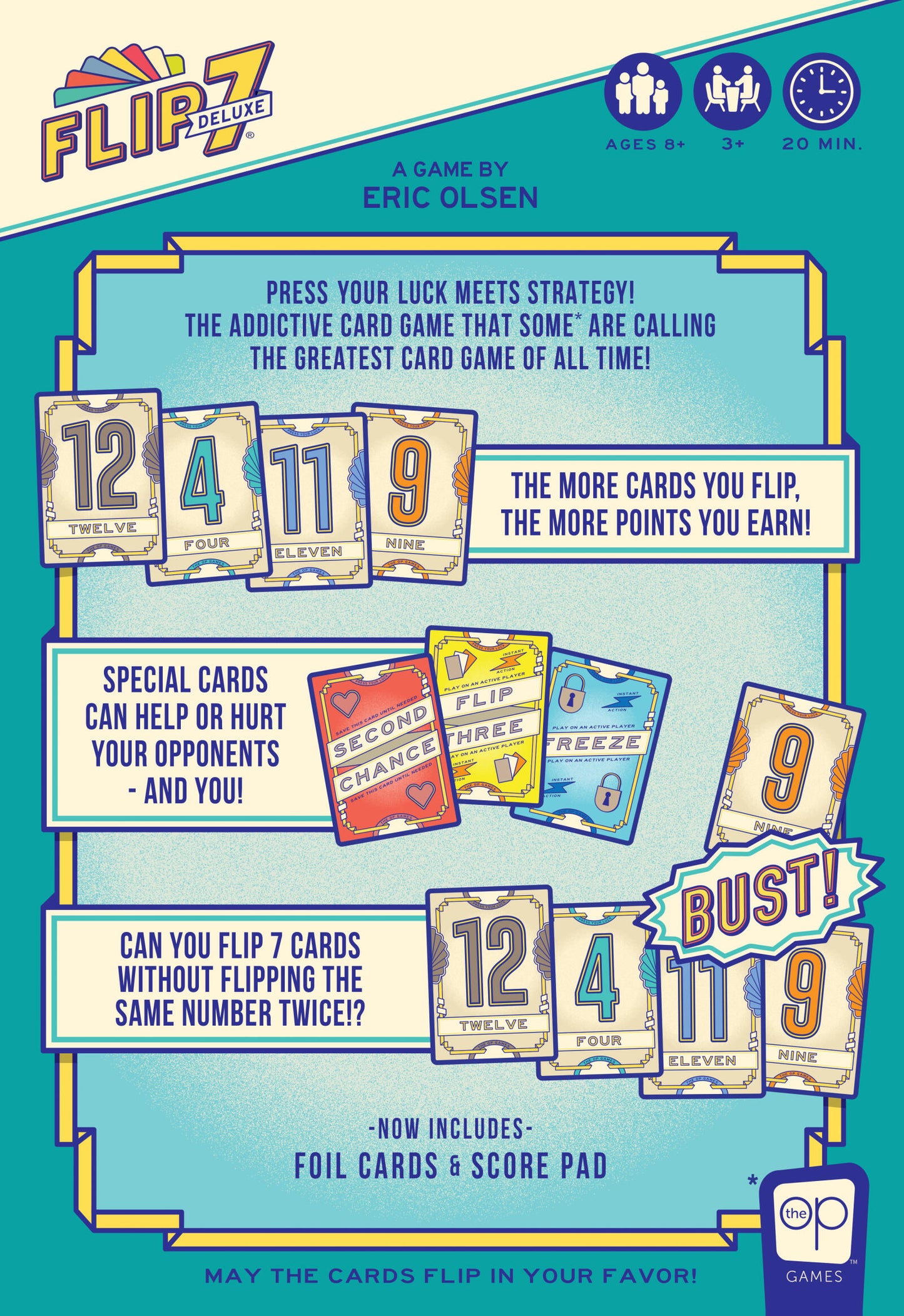 Flip7 game box with colorful card illustrations and text on a blue background