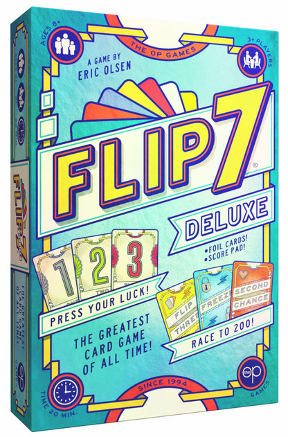 Flip 7 Deluxe board game box with colorful design and text