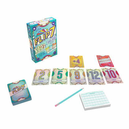 Flip 7 educational game components including cards and a pencil on a white background