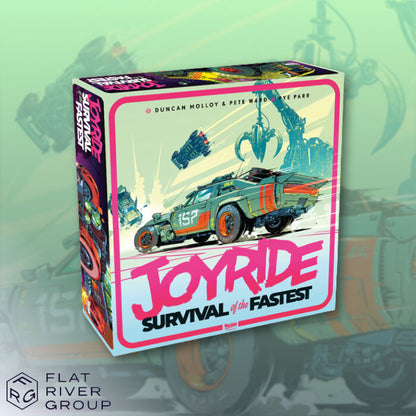 Board game box for 'Joyride: Survival of the Fastest' with colorful design and text.