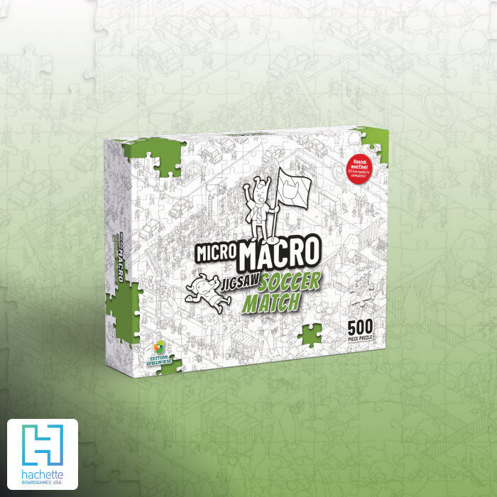 Box of MicroMacro Jigsaw Soccer Match puzzle on a green background