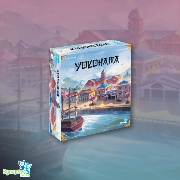 Board game box titled 'Yokohama' with a waterfront scene on a blurred cityscape background.