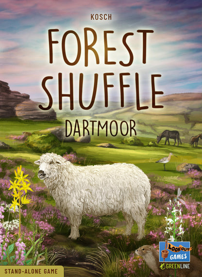 Board game box for 'Forest Shuffle Dartmoor' with a sheep and landscape illustration.