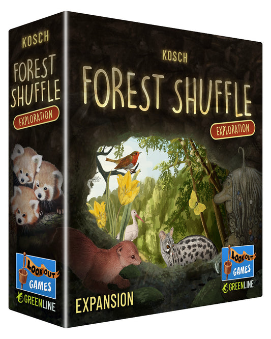 Box for 'Forest Shuffle' game expansion by Kosch, featuring nature-themed artwork and branding.