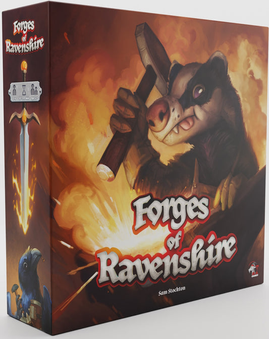 Board game box for 'Forges of Ravenshire' with a badger holding a sword on fire background.