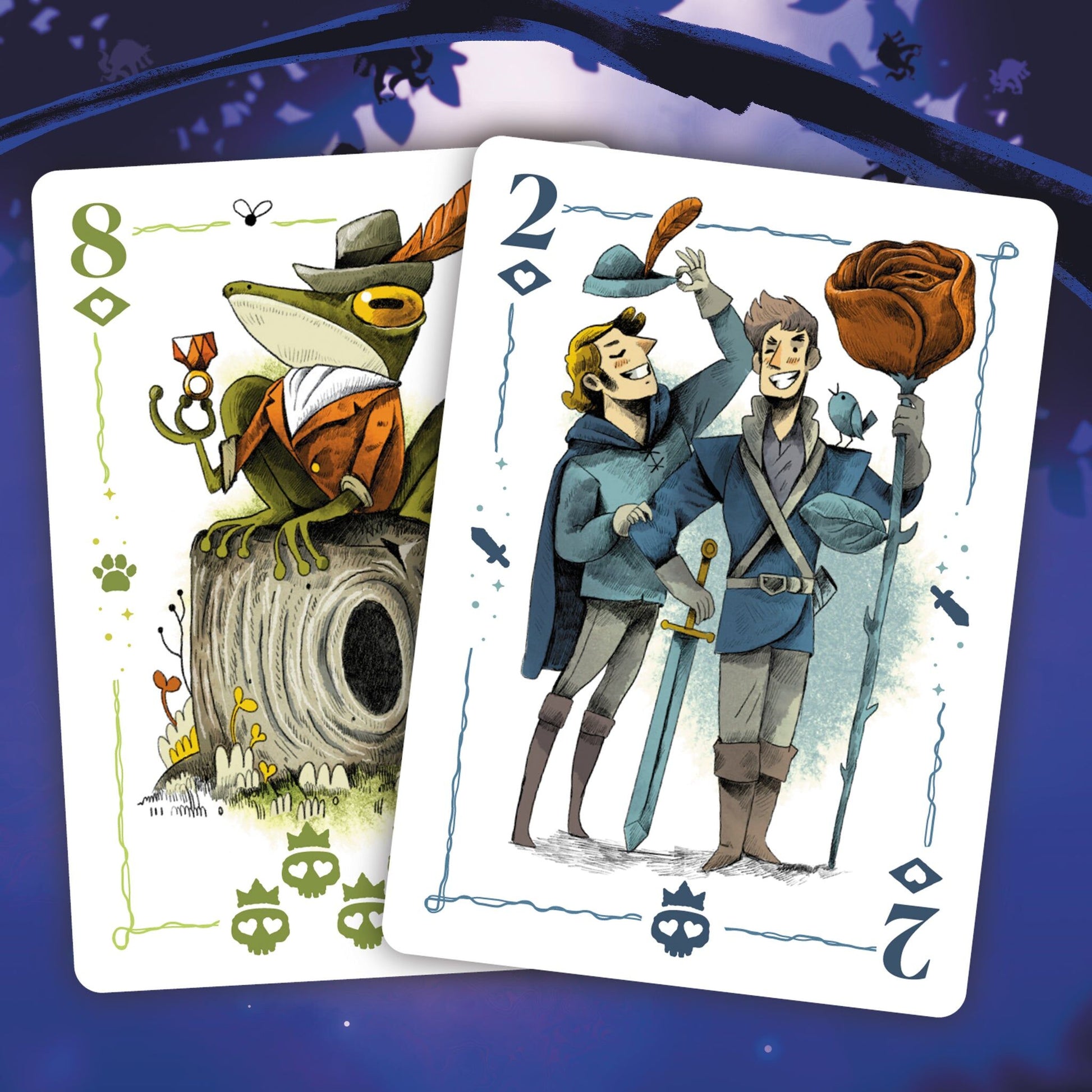 Rebel Princess Two playing cards with illustrated characters on a blue background
