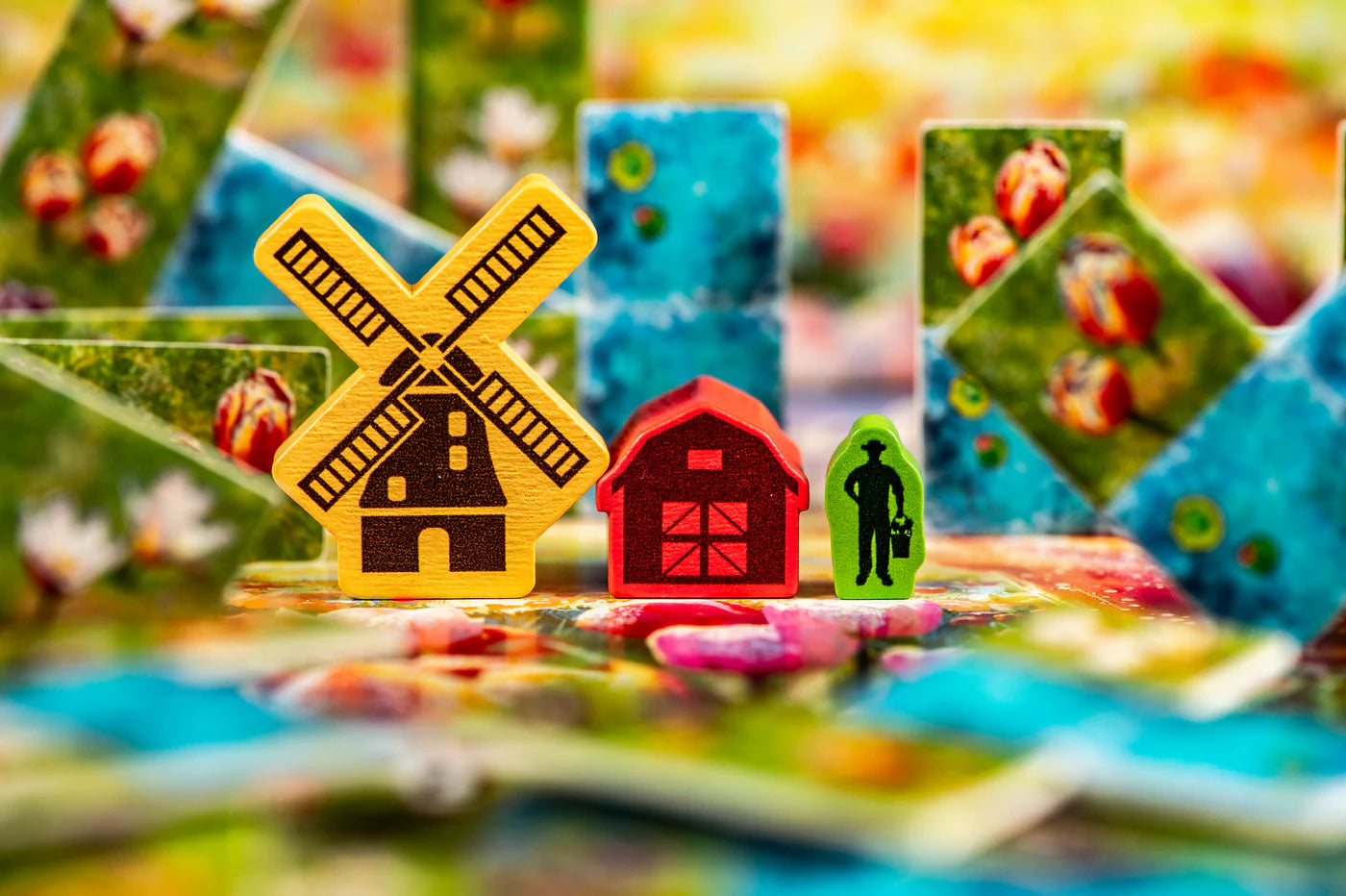 Colorful wooden toys on a blurred background