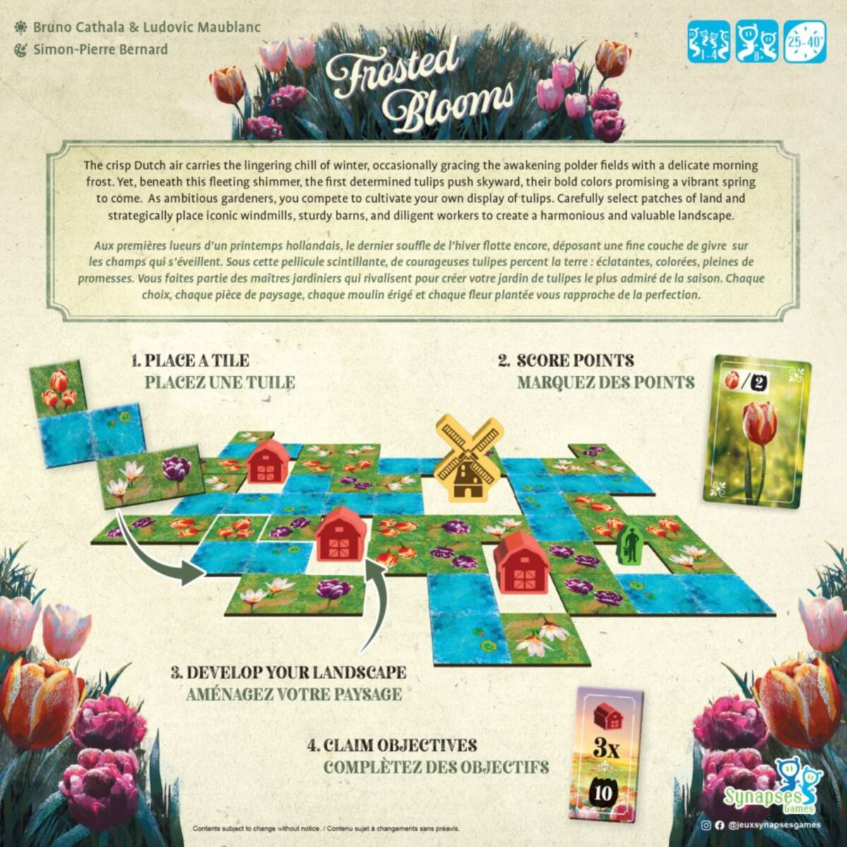 Board game packaging for 'Frosted Blooms' with game board, tiles, and tulip-themed graphics.