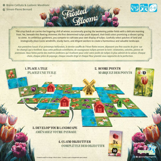 Board game packaging for 'Frosted Blooms' with game board, tiles, and tulip-themed graphics.