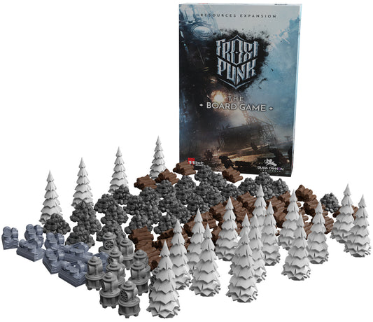 Frostpunk game components including trees and a game box on a white background
