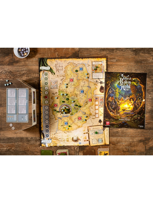 Board game set with map and character cards on a wooden surface