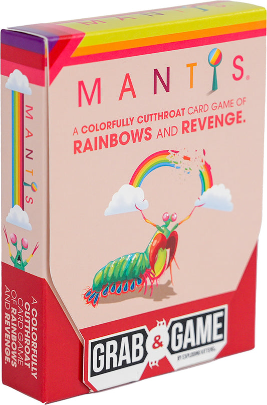 Card game box for 'Mantis' by Grab & Game with colorful design and text.