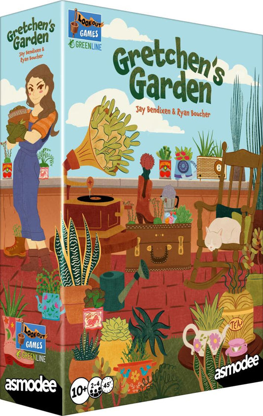 Board game box for 'Gretchen's Garden' by Asmodee with illustrations of a garden and characters.