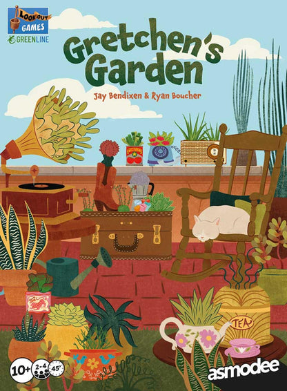 Board game cover titled 'Gretchen's Garden' by Asmodee with colorful illustration of a garden scene.