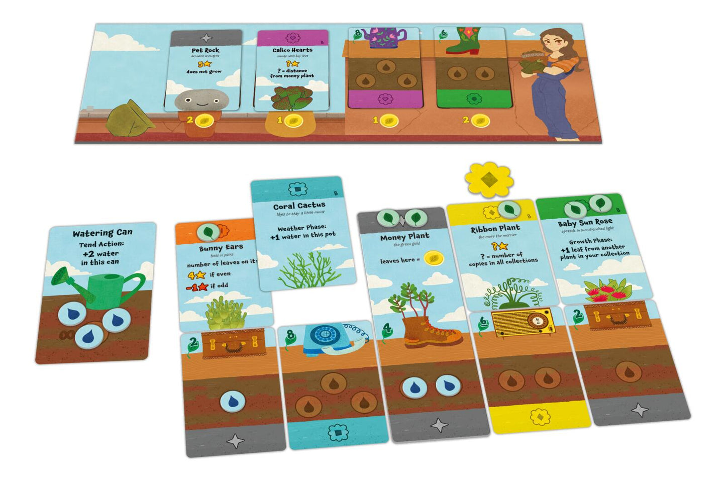 Set of gardening-themed cards with illustrations on a white background