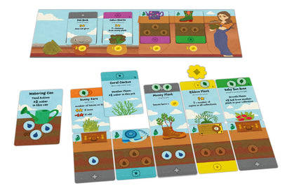 Set of gardening-themed cards with illustrations on a white background