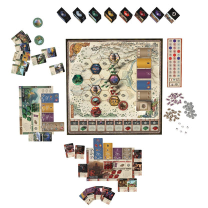 Board game set with map, cards, and pieces on a white background
